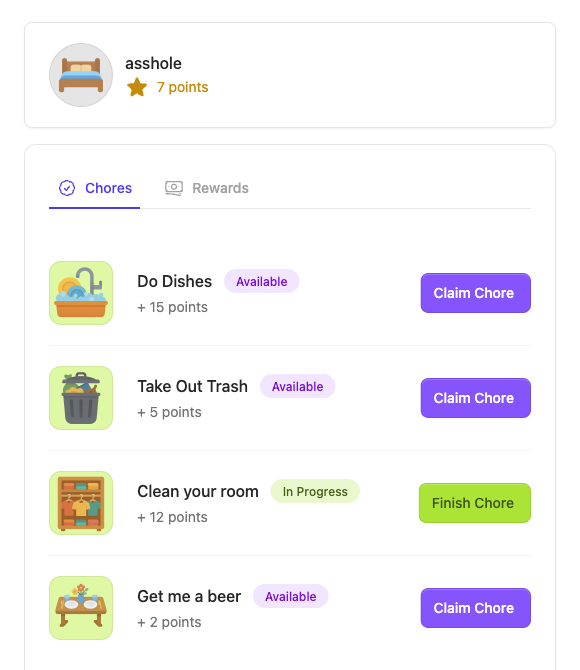 Chores to Rewards Dashboard